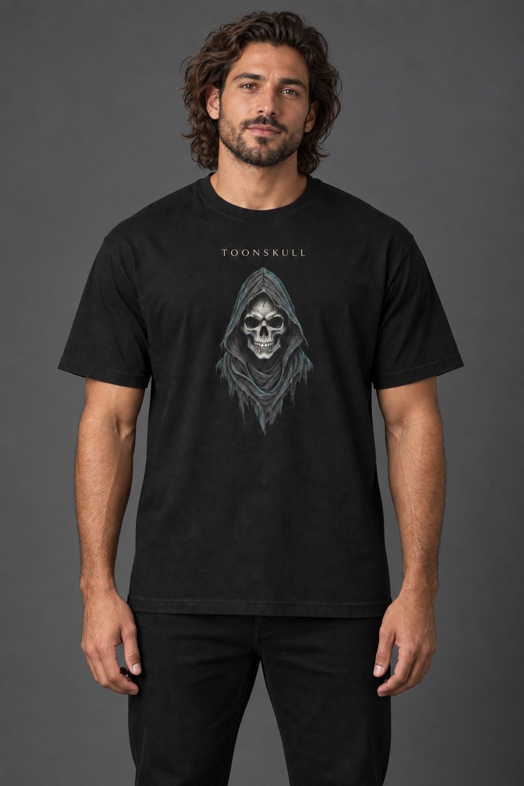 Heavyweight Graphic Tee on a man with wavy dark hair and a short beard
