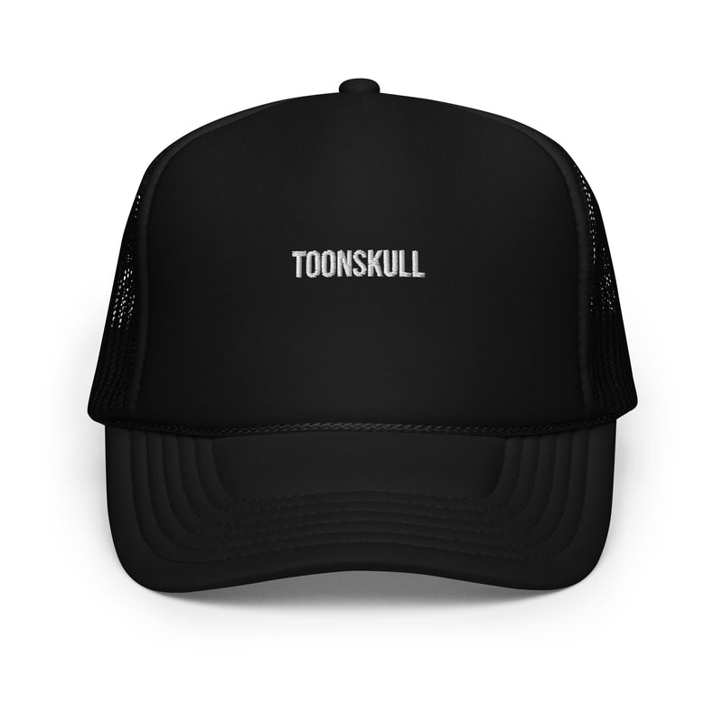 black TOONSKULL foam trucker hat with a small white embroidered wordmark.