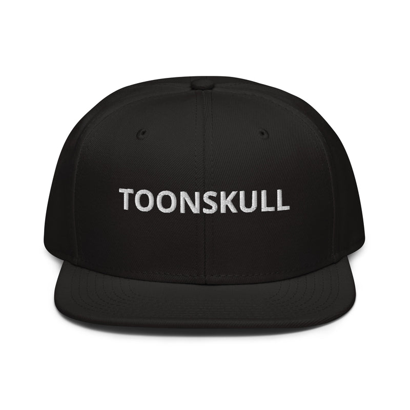black TOONSKULL flat-brim snapback with a bold white embroidered wordmark.
