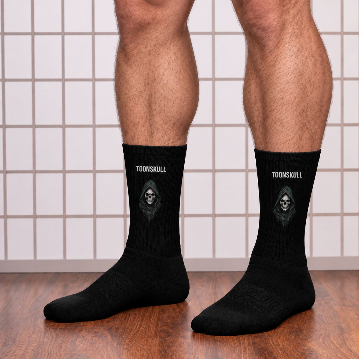 Undertow Crew Socks on a man with athletic calves, standing with both feet flat on the floor