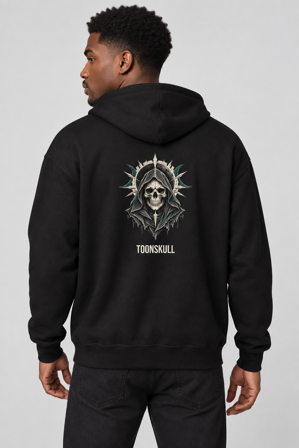 Eclipse Reaper Zip Hoodie shown on a man with dark skin and black hair