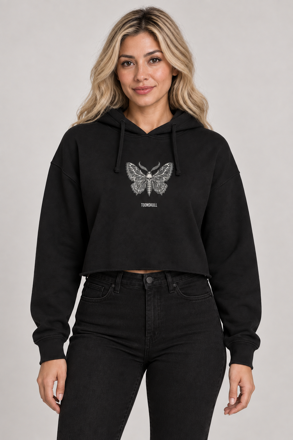 Nightfall Cropped Hoodie on an adult woman with long light-blonde waves